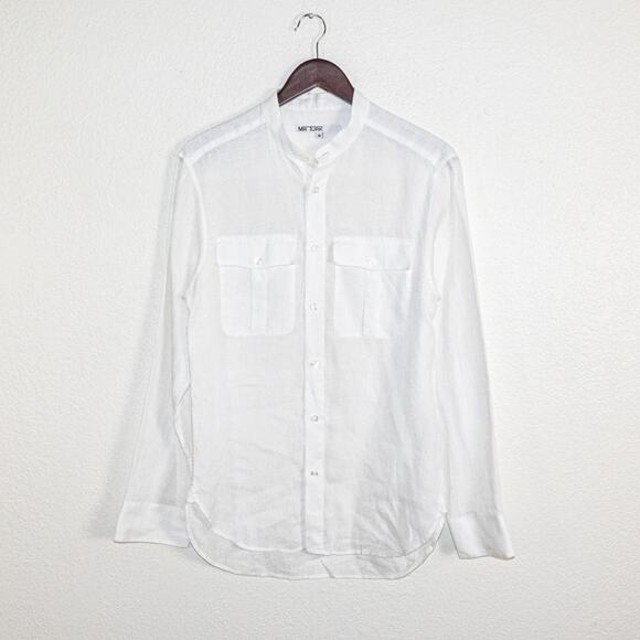MR TURK Men's Medium 100% Linen Band Collar Shirt in White Long Sleeve - Picture 1 of 11
